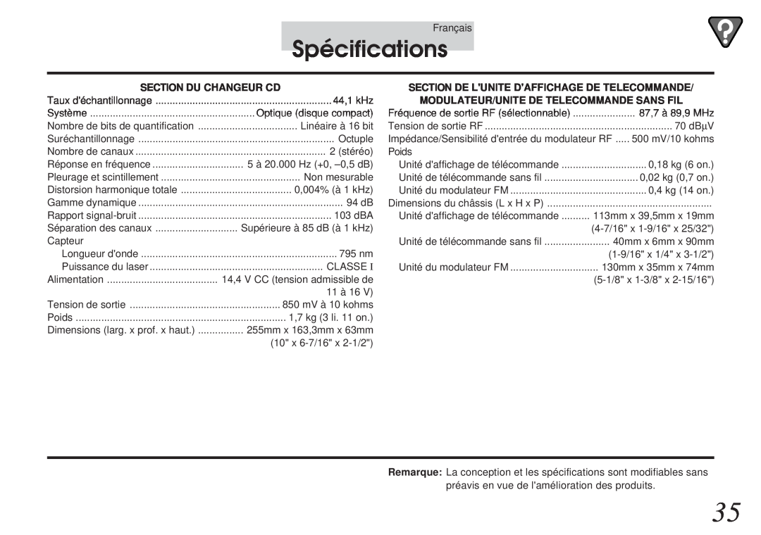 Alpine CHM-S665RF owner manual Spécifications, Section Du Changeur Cd, Section De Lunite Daffichage De Telecommande 
