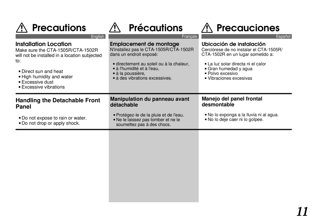 Alpine CTA-1502R, CTA-1505R owner manual Precautions Précautions Precauciones, Installation Location 