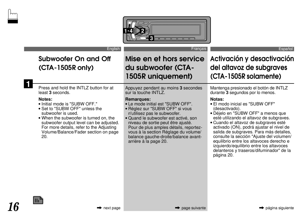 Alpine CTA-1505R, CTA-1502R owner manual Mise en et hors service, Du subwoofer CTA, 1505R uniquement, Remarques, Notas 