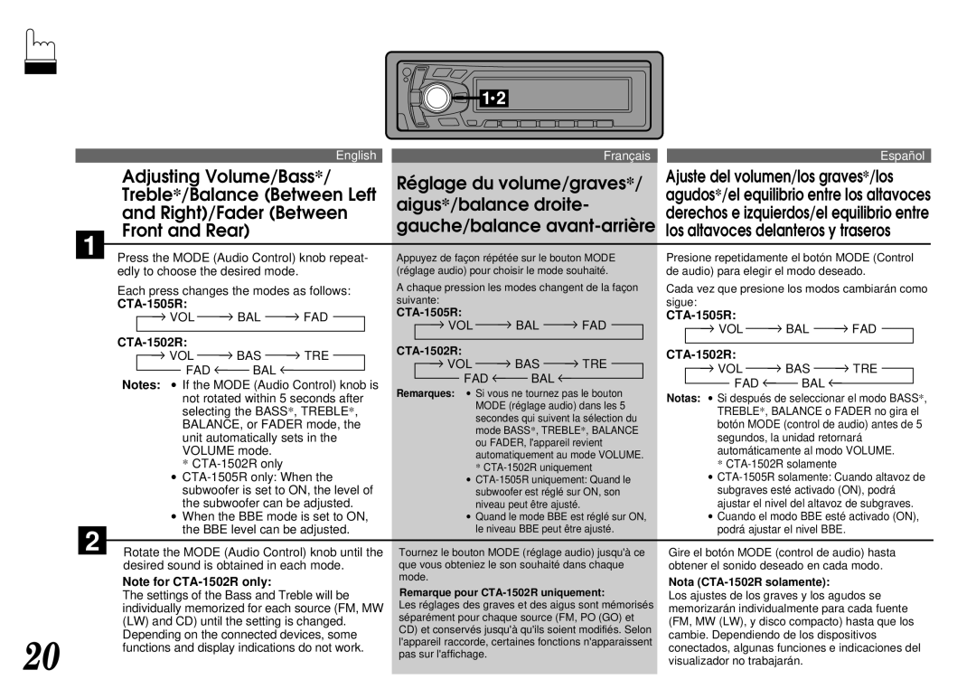 Alpine CTA-1505R, CTA-1502R owner manual Adjusting Volume/Bass 