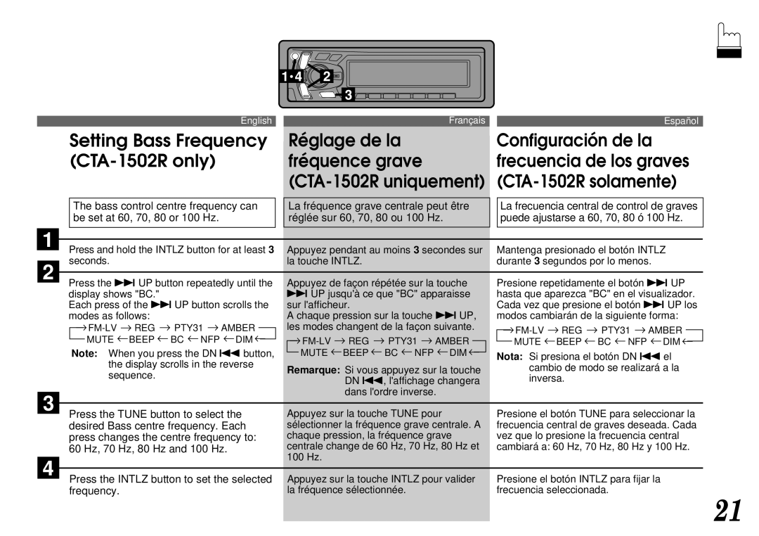 Alpine CTA-1505R Réglage de la fréquence grave CTA-1502R uniquement, Les modes changent de la façon suivante 