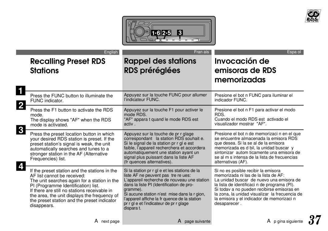 Alpine CTA-1502R, CTA-1505R owner manual Recalling Preset RDS Stations, Rappel des stations RDS préréglées 