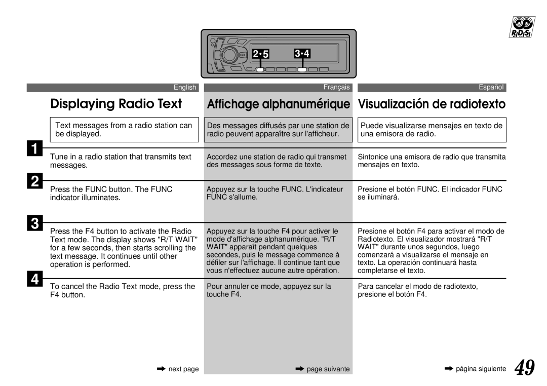 Alpine CTA-1502R, CTA-1505R owner manual Displaying Radio Text, Affichage alphanumérique Visualización de radiotexto 