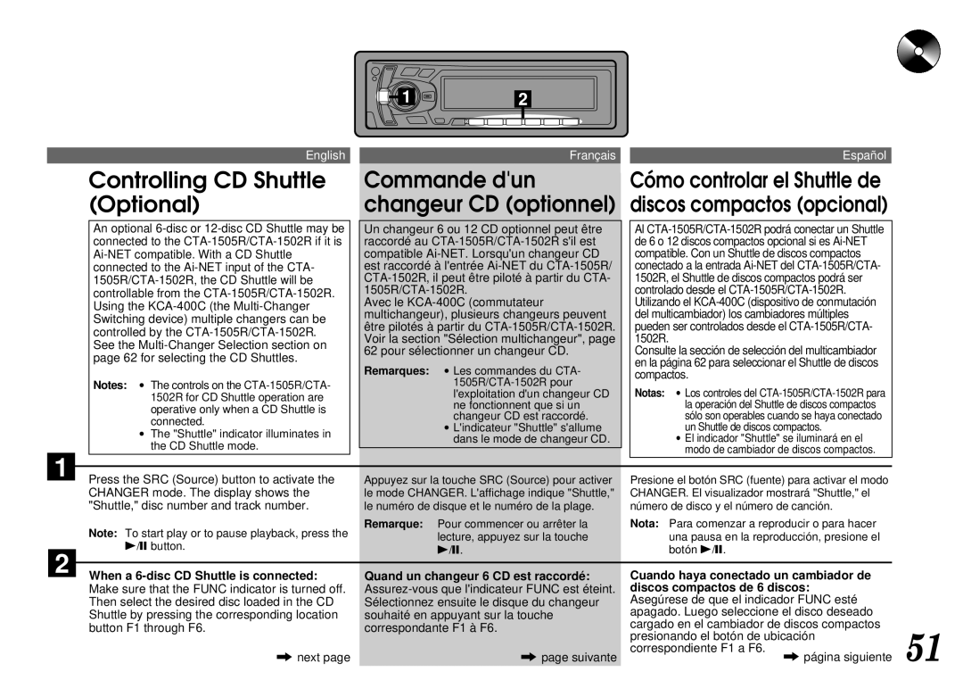 Alpine CTA-1502R, CTA-1505R owner manual Controlling CD Shuttle Optional, Commande dun changeur CD optionnel 