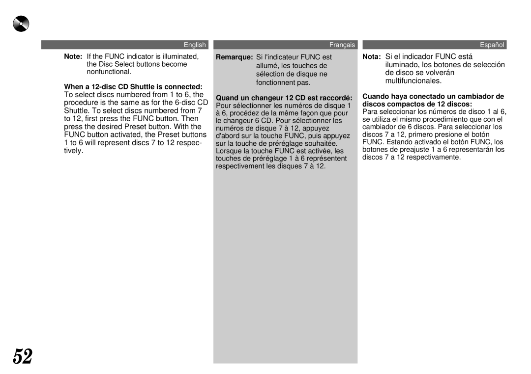 Alpine CTA-1505R, CTA-1502R owner manual When a 12-disc CD Shuttle is connected 