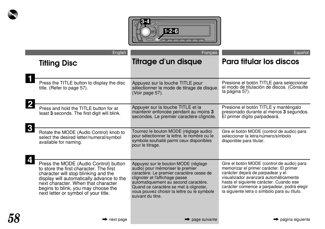 Alpine CTA-1505R, CTA-1502R Titling Disc Titrage dun disque Para titular los discos, Next letter or symbol of your title 