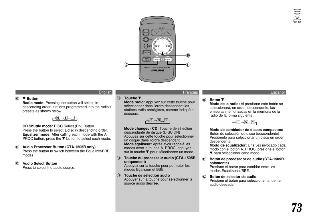 Alpine CTA-1502R owner manual Audio Processor Button CTA-1505R only 