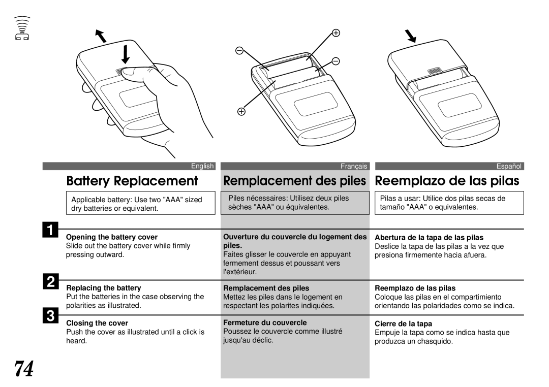 Alpine CTA-1505R, CTA-1502R owner manual Battery Replacement, Reemplazo de las pilas 