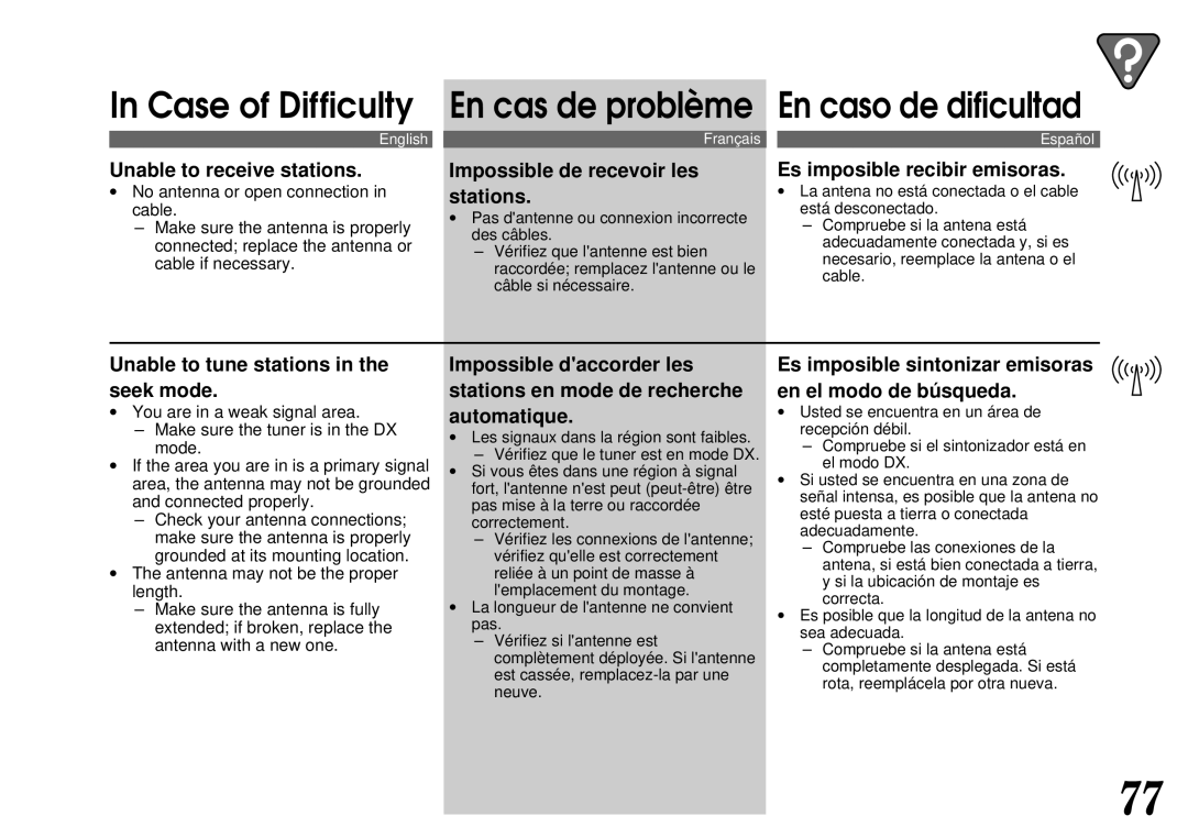 Alpine CTA-1502R, CTA-1505R owner manual ∙ No antenna or open connection, ∙ La antena no está conectada o el cable 