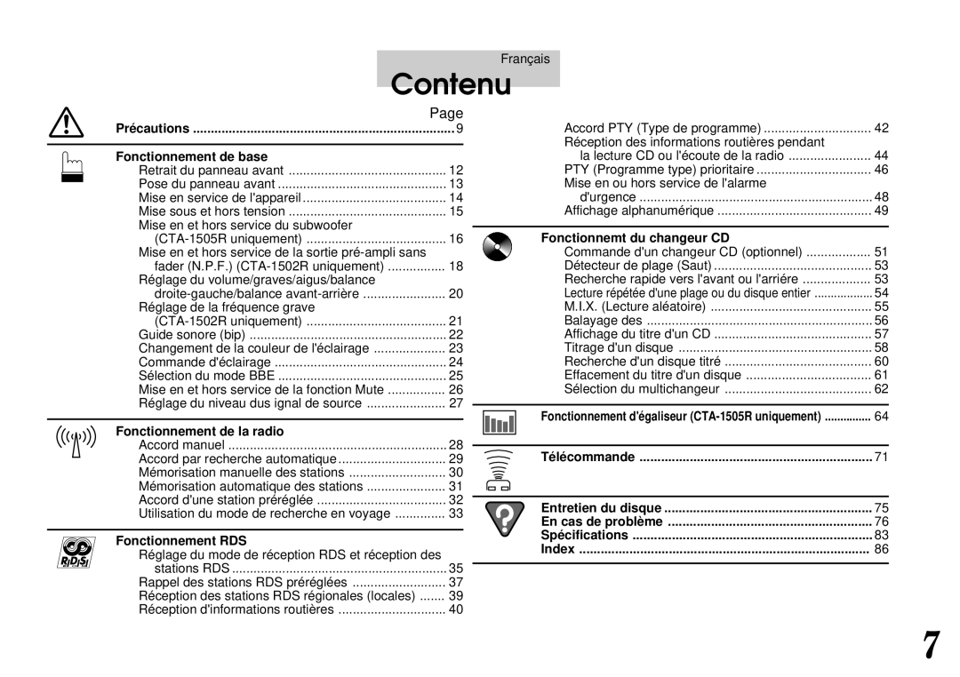 Alpine CTA-1502R, CTA-1505R owner manual Contenu, Fonctionnement de base, Fonctionnement de la radio, Fonctionnement RDS 