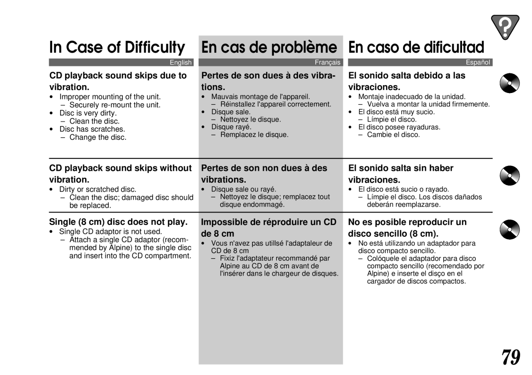 Alpine CTA-1502R, CTA-1505R owner manual De 8 cm Disco sencillo 8 cm, ∙ Single CD adaptor is not used 