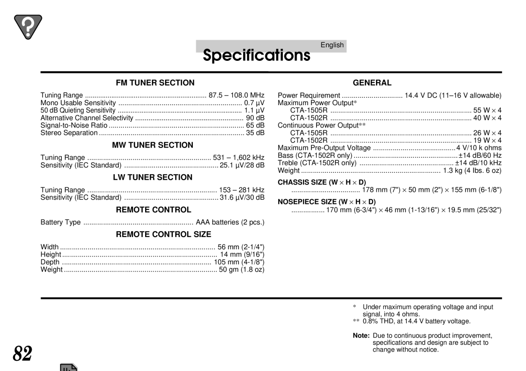 Alpine CTA-1505R, CTA-1502R owner manual Specifications 