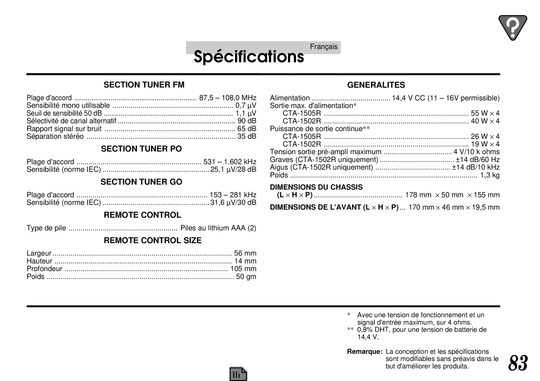 Alpine CTA-1502R, CTA-1505R owner manual Spécifications, Dimensions DE Lavant L × H × P .. mm × 46 mm × 19,5 mm 