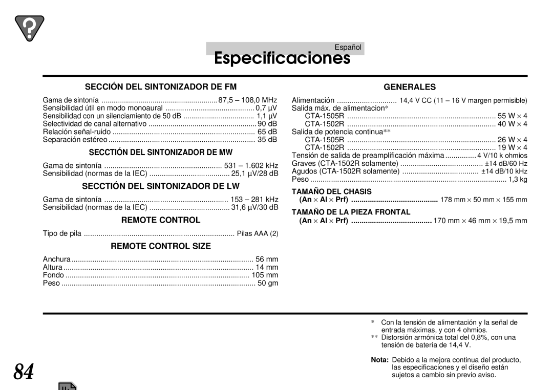 Alpine CTA-1505R, CTA-1502R owner manual Especificaciones, 170 mm × 46 mm × 19,5 mm 