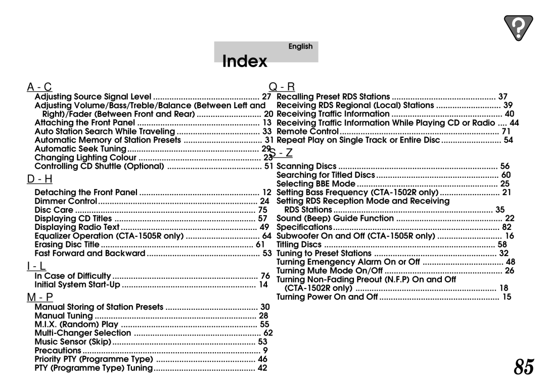 Alpine CTA-1502R, CTA-1505R owner manual Index, Receiving Traffic Information While Playing CD or Radio 