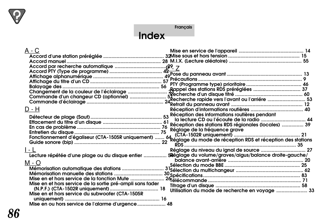 Alpine CTA-1502R owner manual Fonctionnement dégaliseur CTA-1505R uniquement 