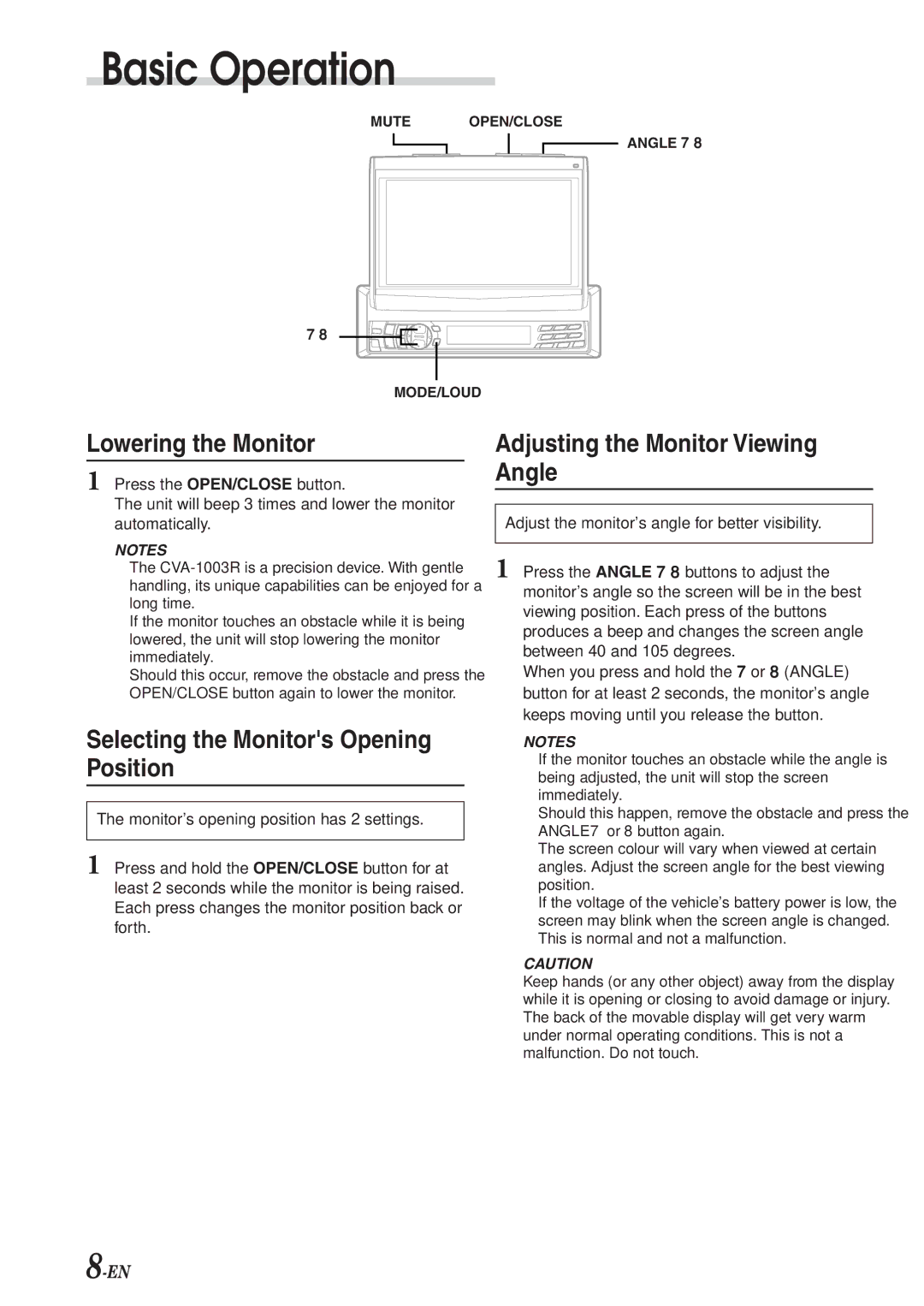 Alpine CVA-1003R Lowering the Monitor, Selecting the Monitors Opening Position, Adjusting the Monitor Viewing Angle 