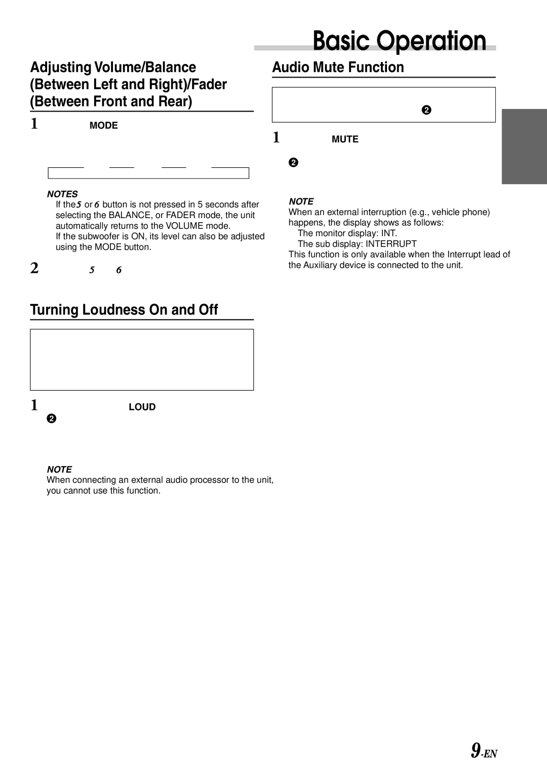 Alpine CVA-1003R owner manual Turning Loudness On and Off, Audio Mute Function, → Vol → Bal → Fad 