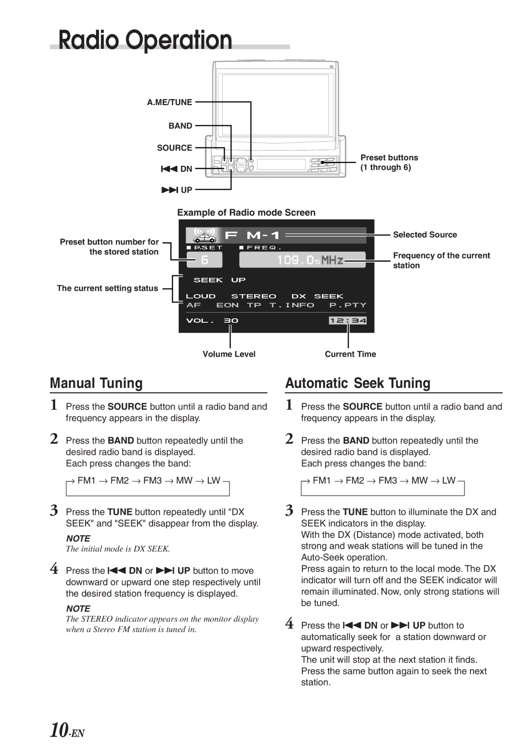 Alpine CVA-1003R owner manual Radio Operation, Manual Tuning, Automatic Seek Tuning, Example of Radio mode Screen 