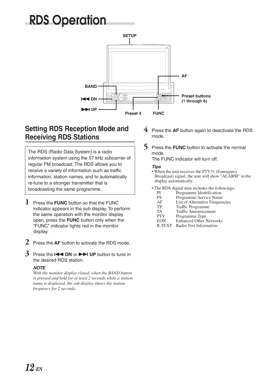 Alpine CVA-1003R owner manual RDS Operation, Setting RDS Reception Mode and Receiving RDS Stations 