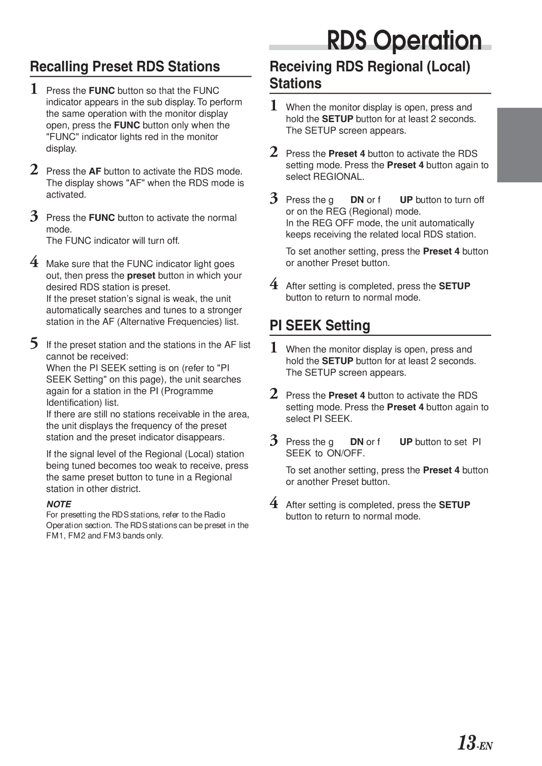 Alpine CVA-1003R owner manual Recalling Preset RDS Stations, Receiving RDS Regional Local Stations, PI Seek Setting 