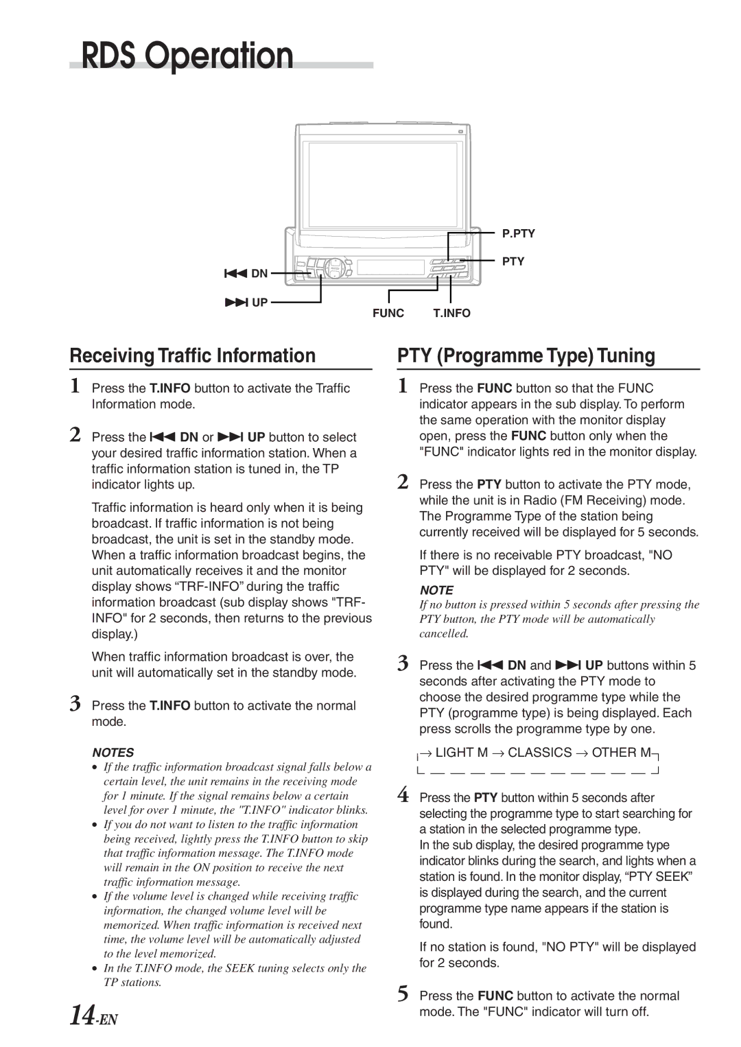 Alpine CVA-1003R owner manual Receiving Traffic Information, PTY Programme Type Tuning, → Light M → Classics → Other M 