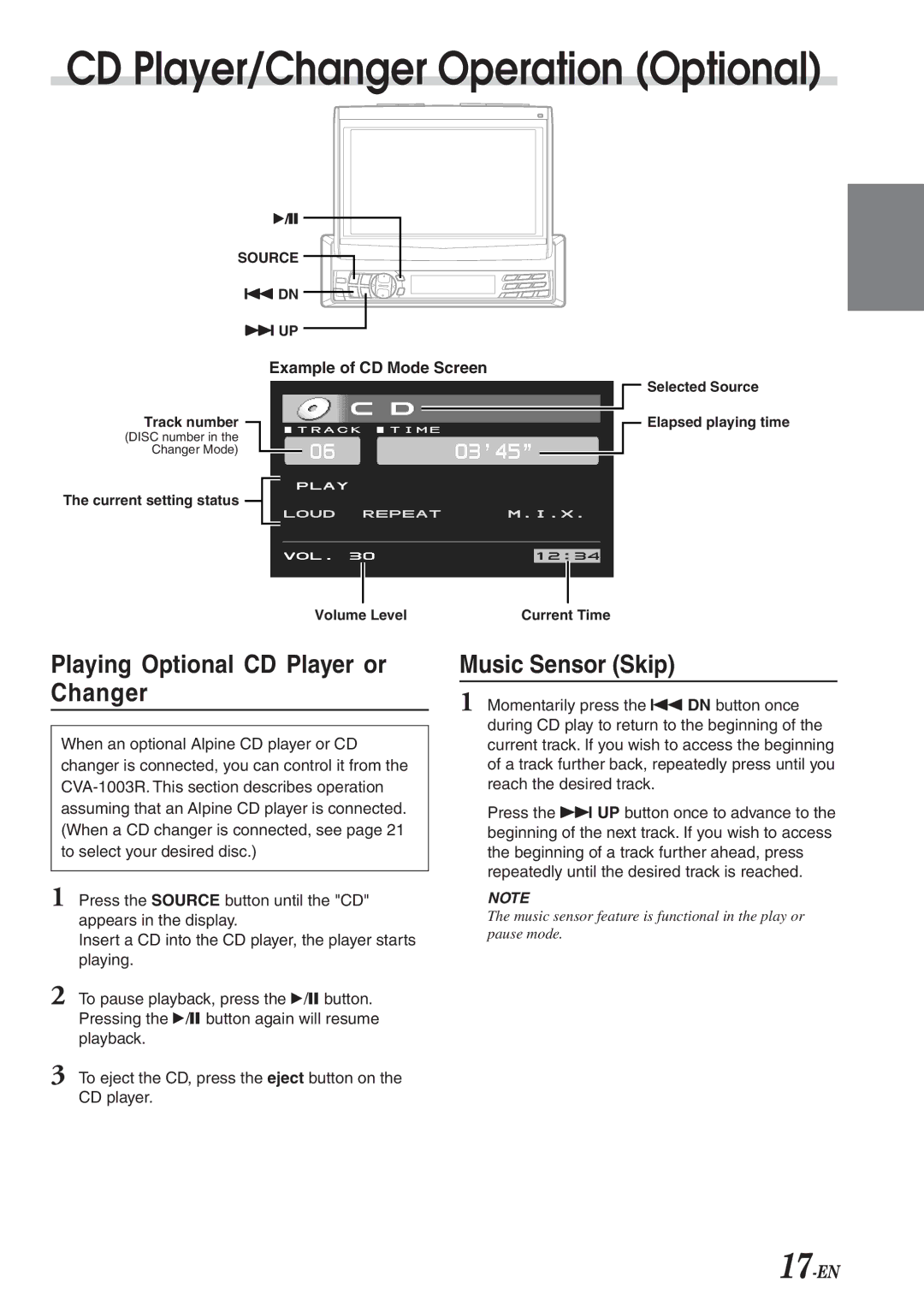 Alpine CVA-1003R CD Player/Changer Operation Optional, Playing Optional CD Player or Changer, Music Sensor Skip 