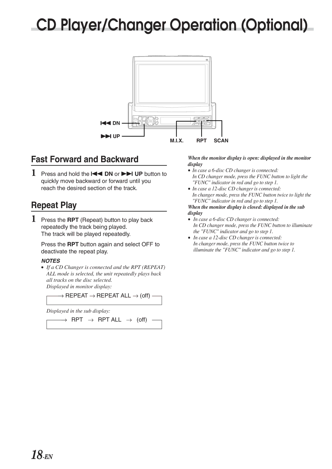 Alpine CVA-1003R owner manual Fast Forward and Backward, Repeat Play, → Repeat → Repeat ALL → off, → RPT → RPT ALL → off 