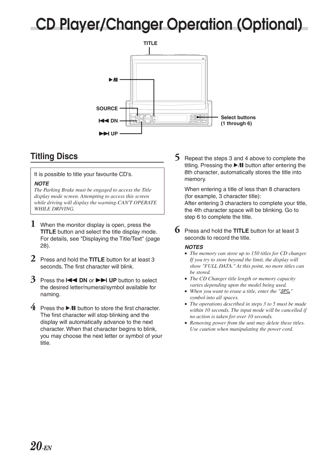 Alpine CVA-1003R owner manual Titling Discs, It is possible to title your favourite CDs 