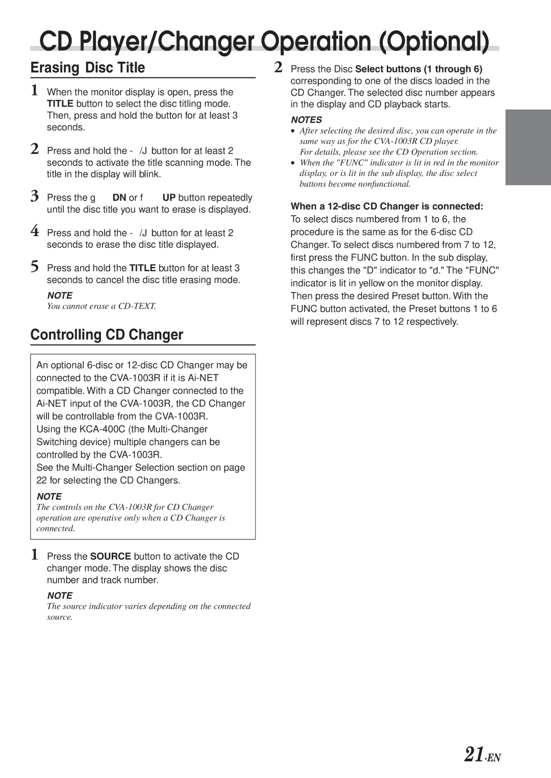 Alpine CVA-1003R owner manual Erasing Disc Title, Controlling CD Changer, When a 12-disc CD Changer is connected 