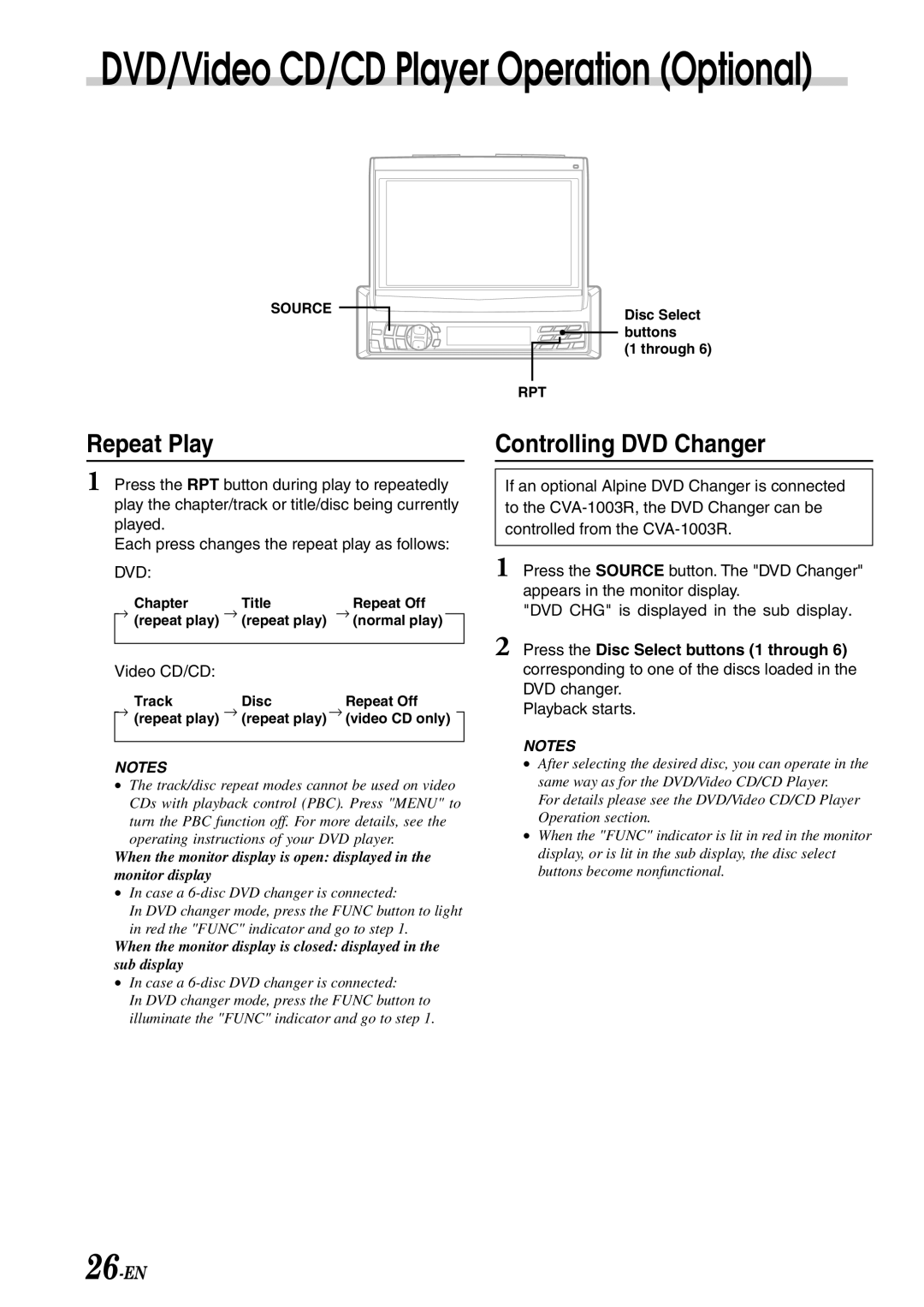 Alpine CVA-1003R owner manual Repeat Play Controlling DVD Changer, Dvd, Video CD/CD, Playback starts 