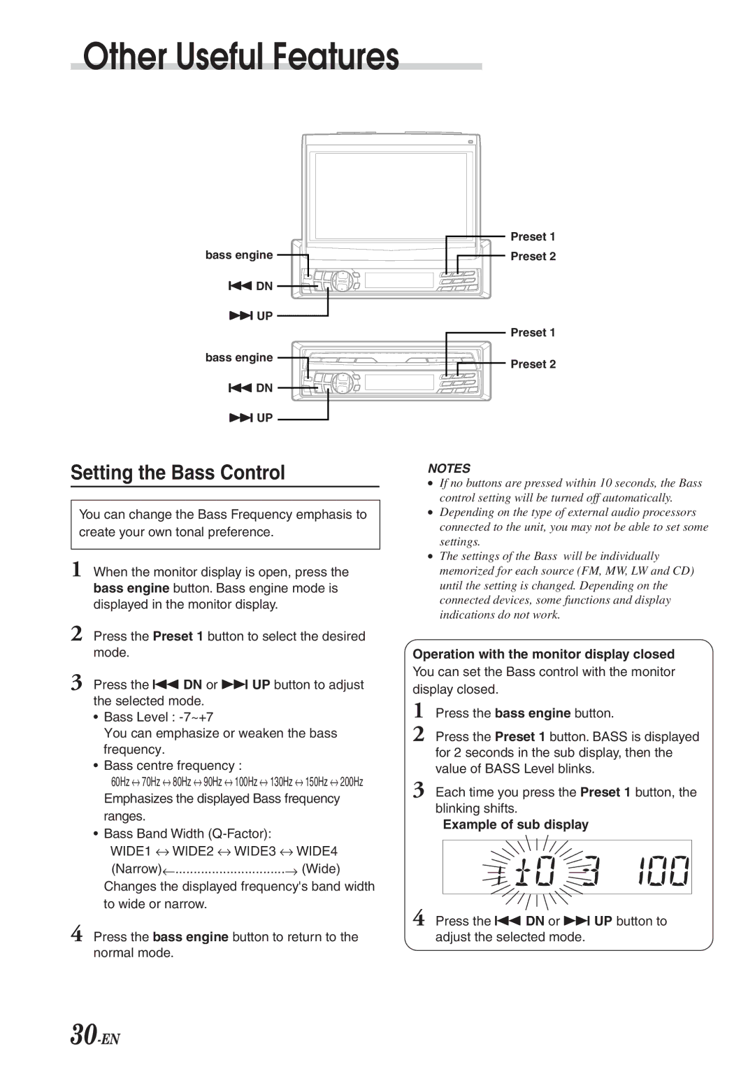 Alpine CVA-1003R owner manual Setting the Bass Control, Operation with the monitor display closed, Example of sub display 