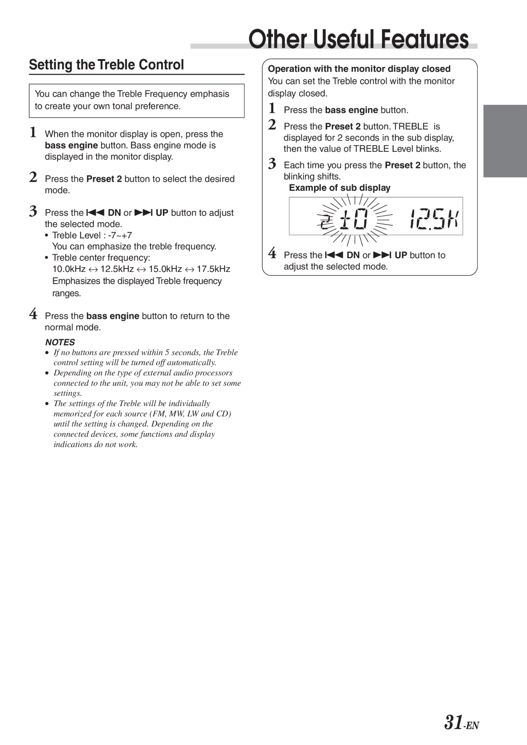 Alpine CVA-1003R owner manual Setting the Treble Control, Each time you press the Preset 2 button, the blinking shifts 