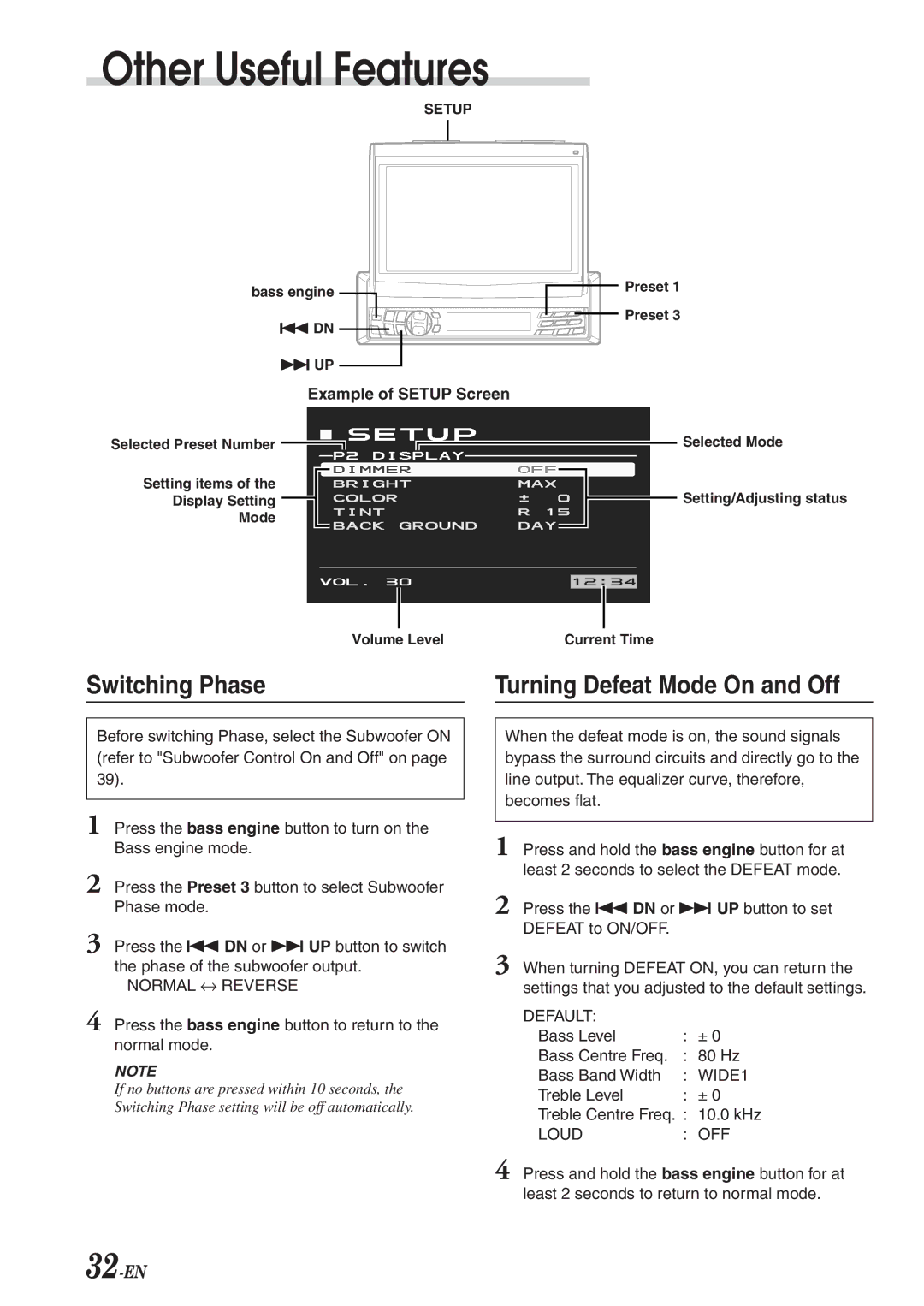 Alpine CVA-1003R owner manual Switching Phase, Example of Setup Screen 