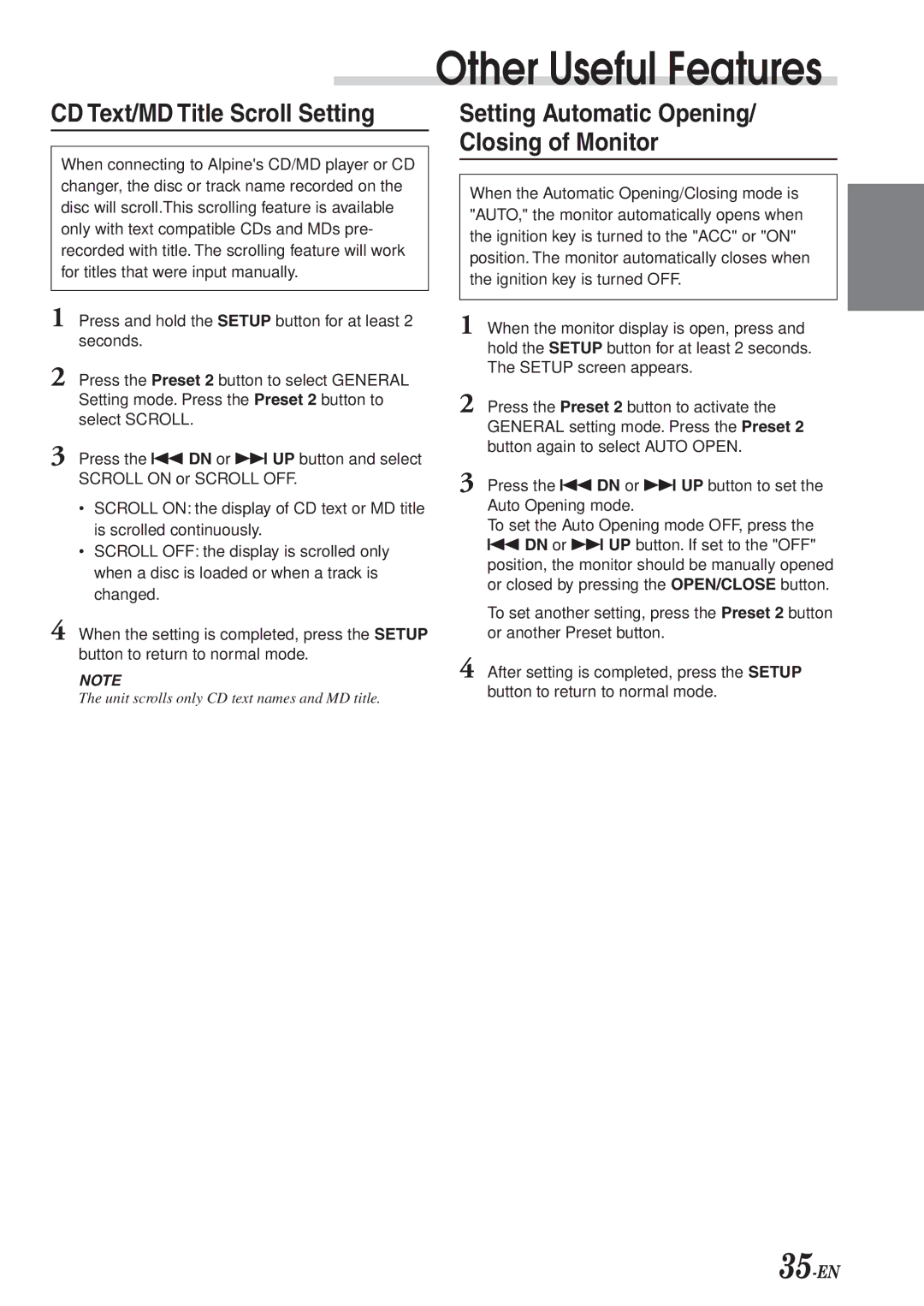 Alpine CVA-1003R owner manual CD Text/MD Title Scroll Setting, Setting Automatic Opening/ Closing of Monitor 