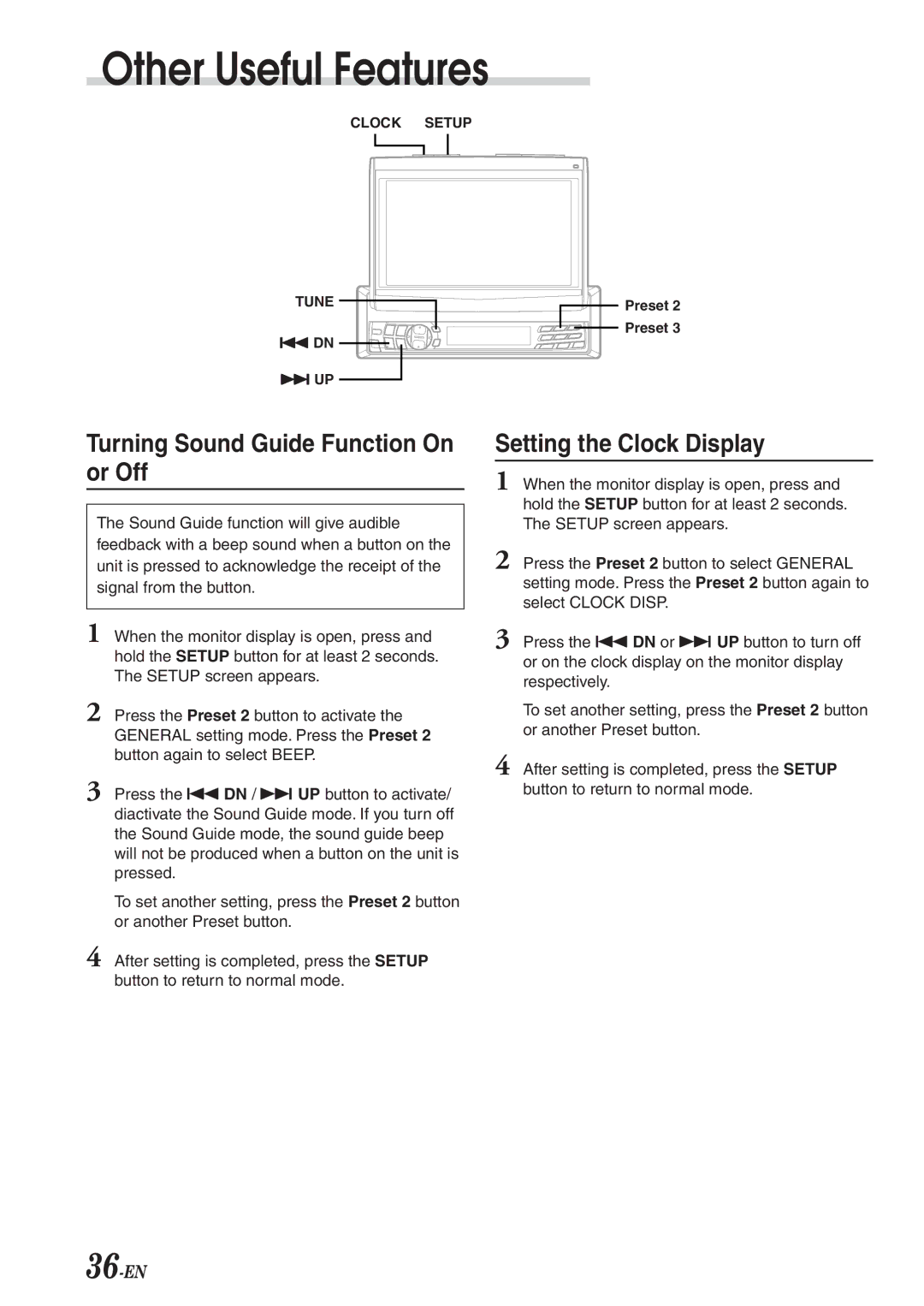 Alpine CVA-1003R owner manual Turning Sound Guide Function On or Off, Setting the Clock Display 