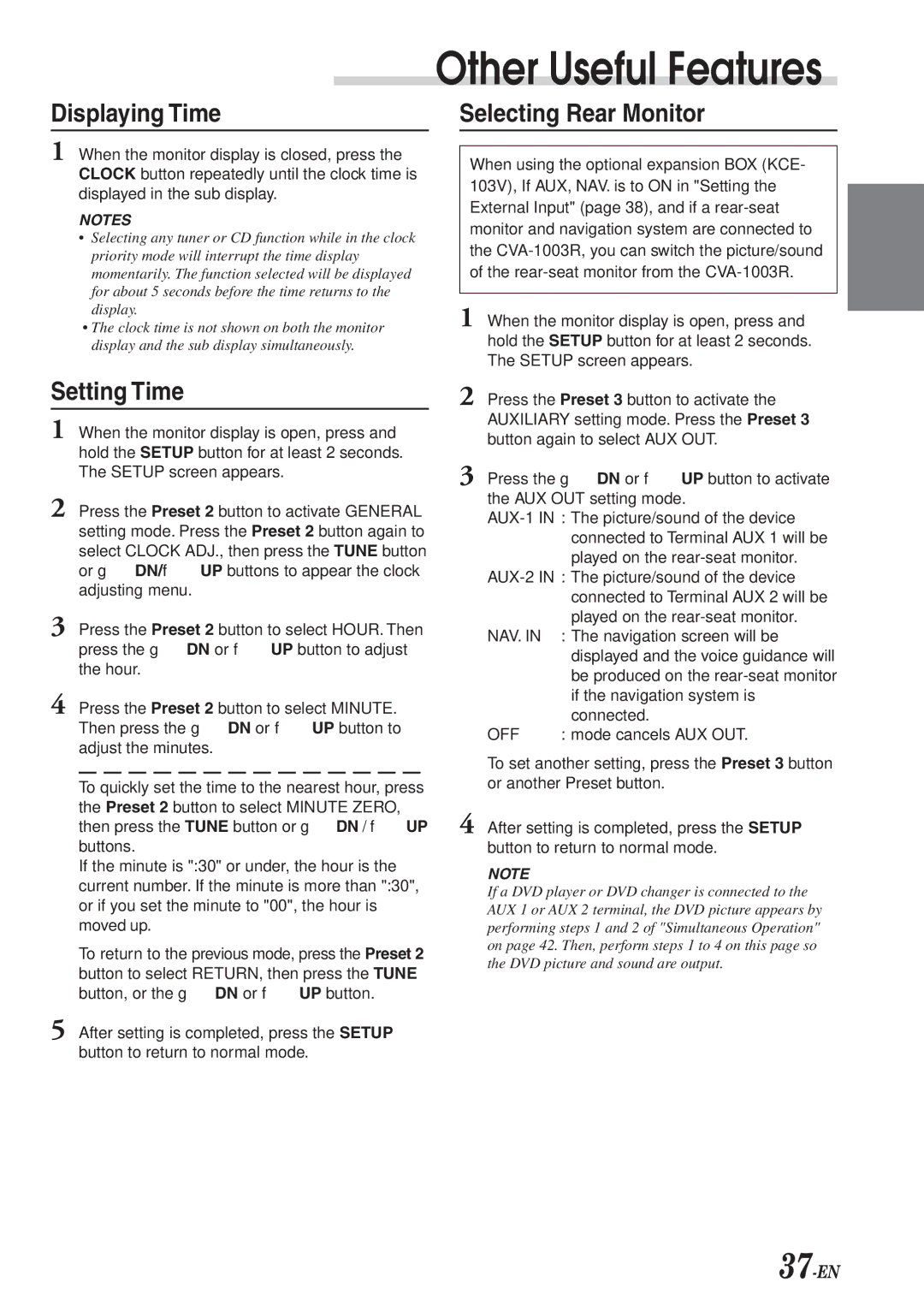 Alpine CVA-1003R owner manual Displaying Time, Setting Time, Selecting Rear Monitor, Nav 