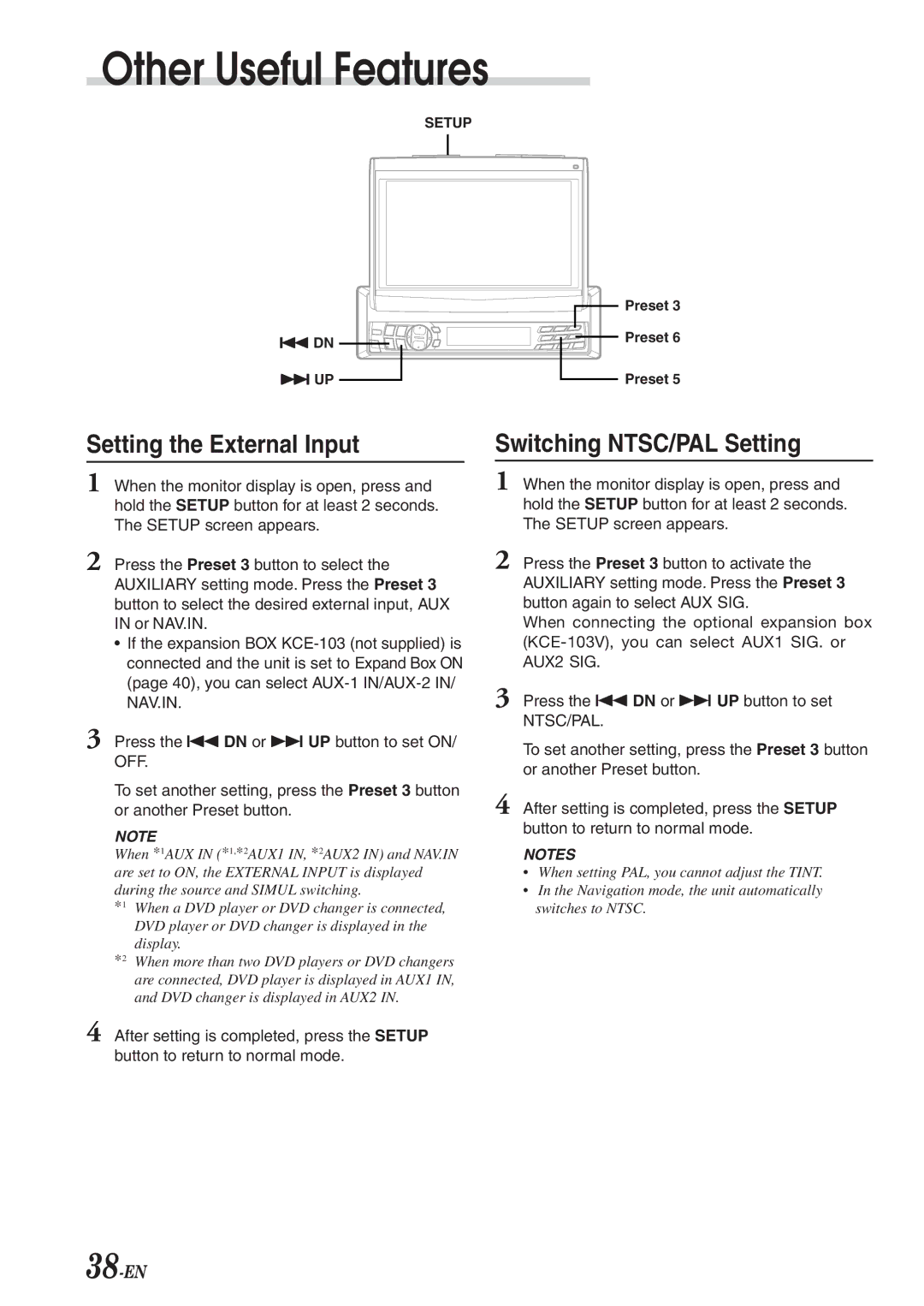 Alpine CVA-1003R owner manual Setting the External Input, Switching NTSC/PAL Setting 