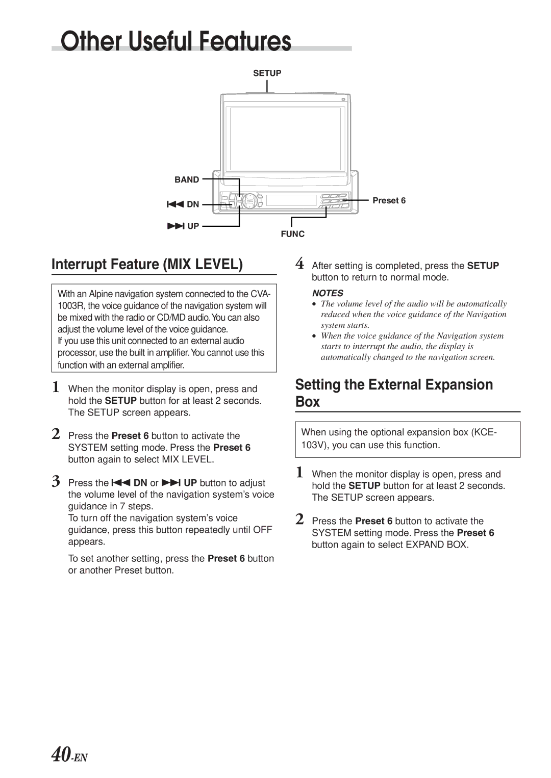 Alpine CVA-1003R owner manual Interrupt Feature MIX Level, Setting the External Expansion Box 