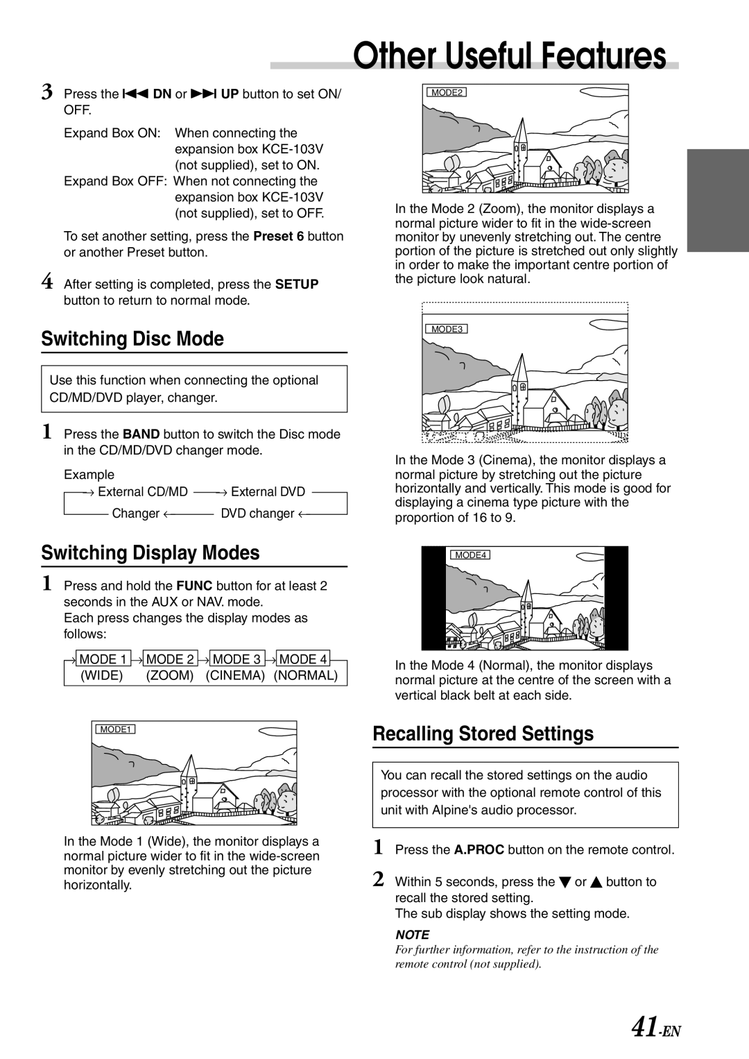 Alpine CVA-1003R owner manual Switching Disc Mode, Switching Display Modes, Recalling Stored Settings 