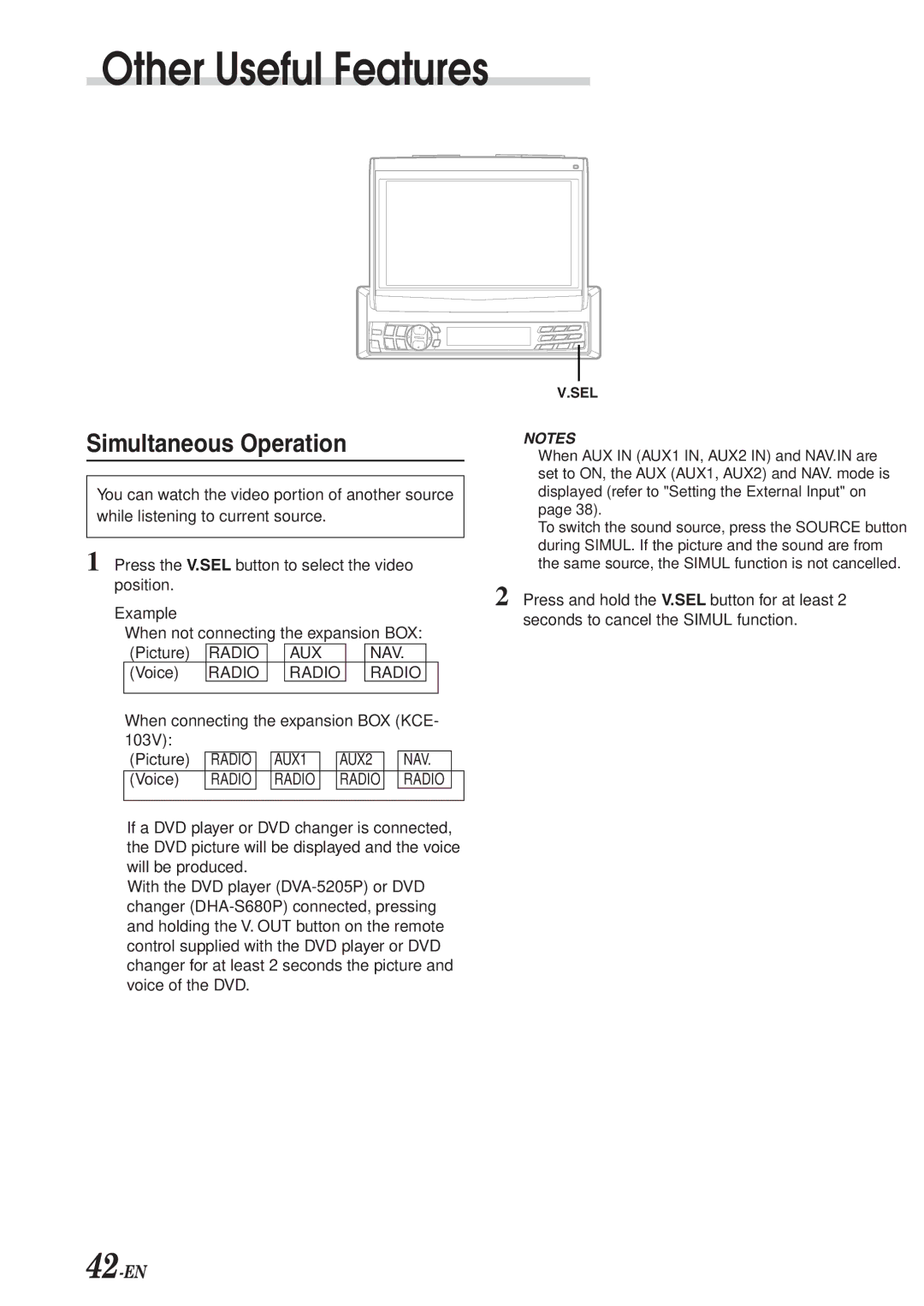 Alpine CVA-1003R owner manual Simultaneous Operation, Radio AUX ∗ NAV, AUX2 NAV 