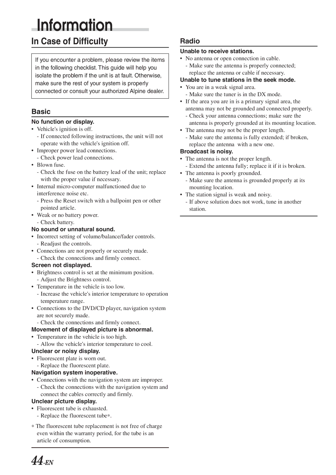 Alpine CVA-1003R owner manual Information, Case of Difficulty 