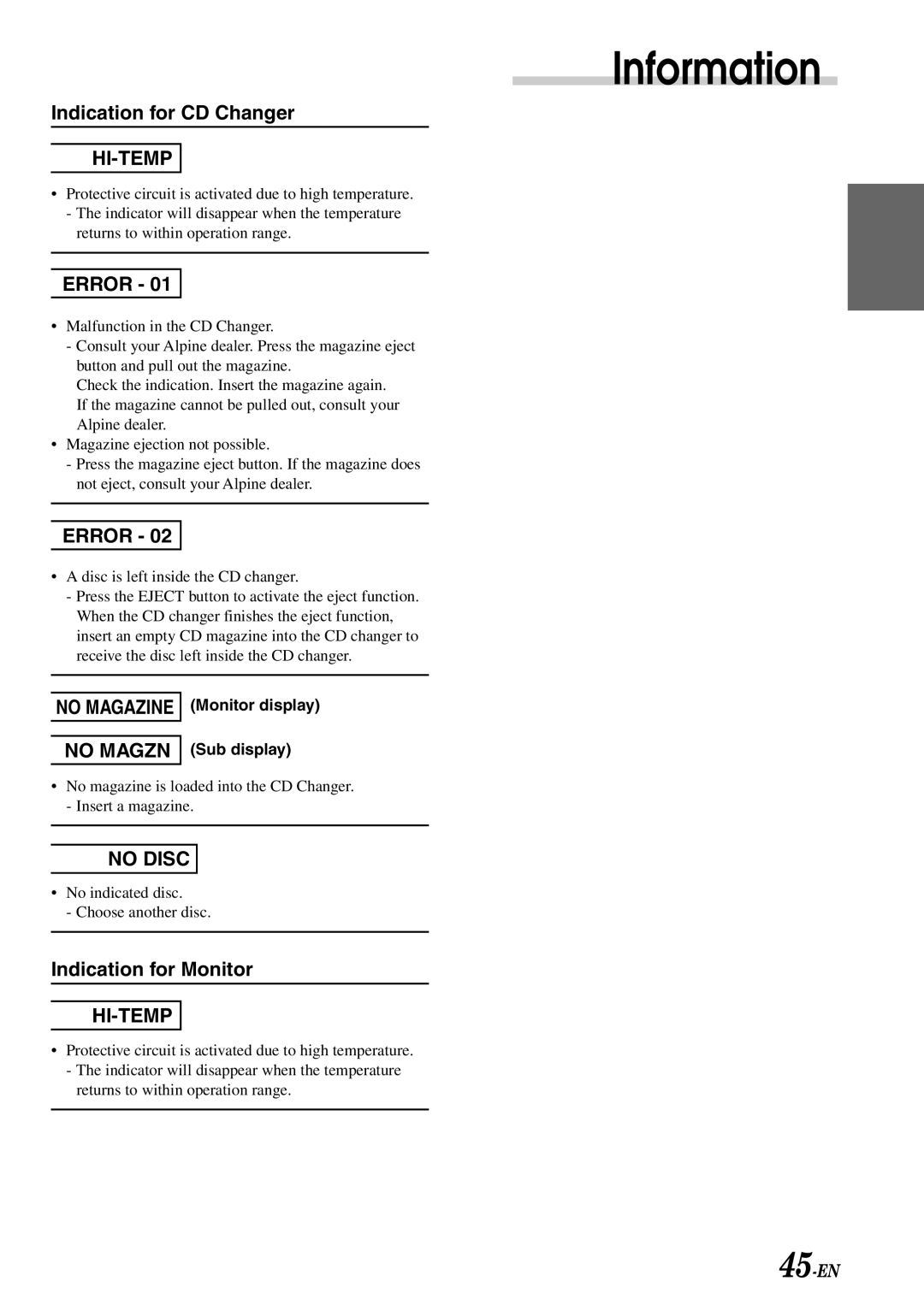 Alpine CVA-1003R owner manual Hi-Temp, Monitor display Sub display 