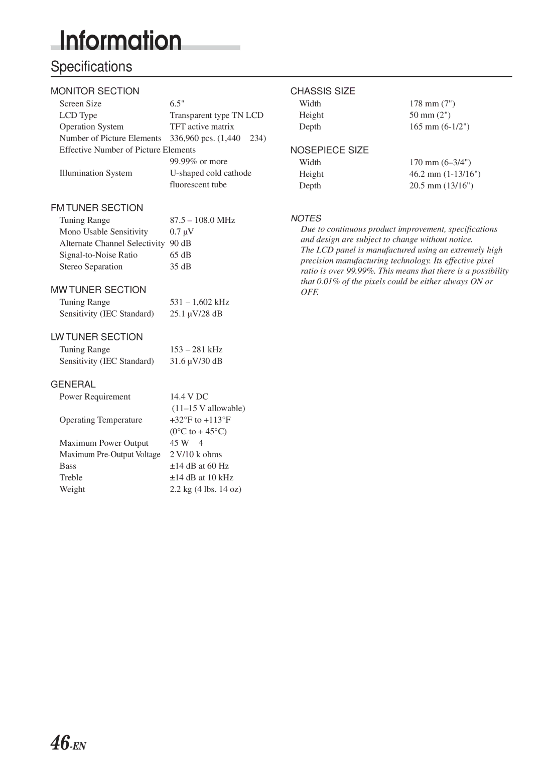 Alpine CVA-1003R owner manual Specifications, Monitor Section 