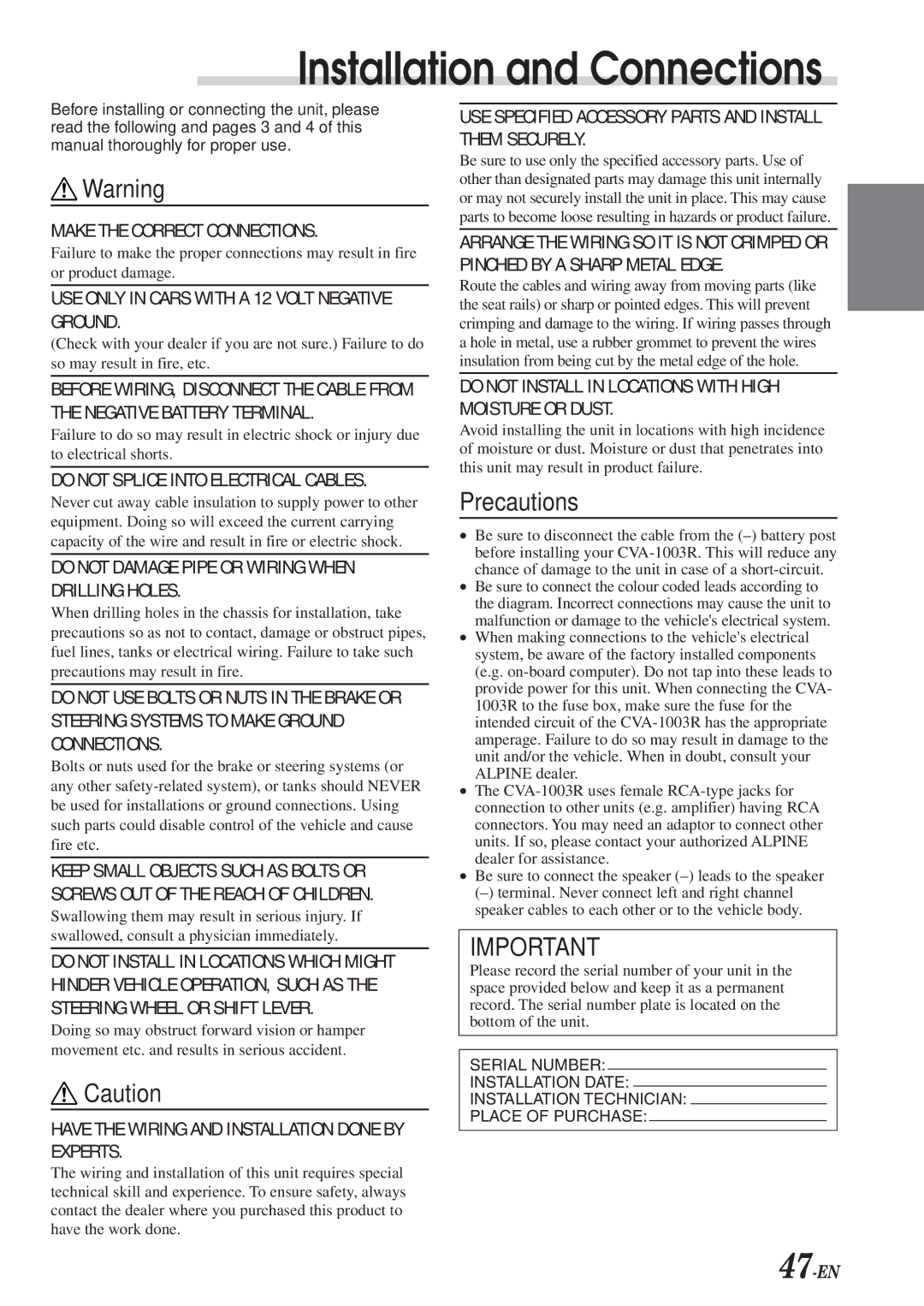 Alpine CVA-1003R owner manual Installation and Connections, Precautions 