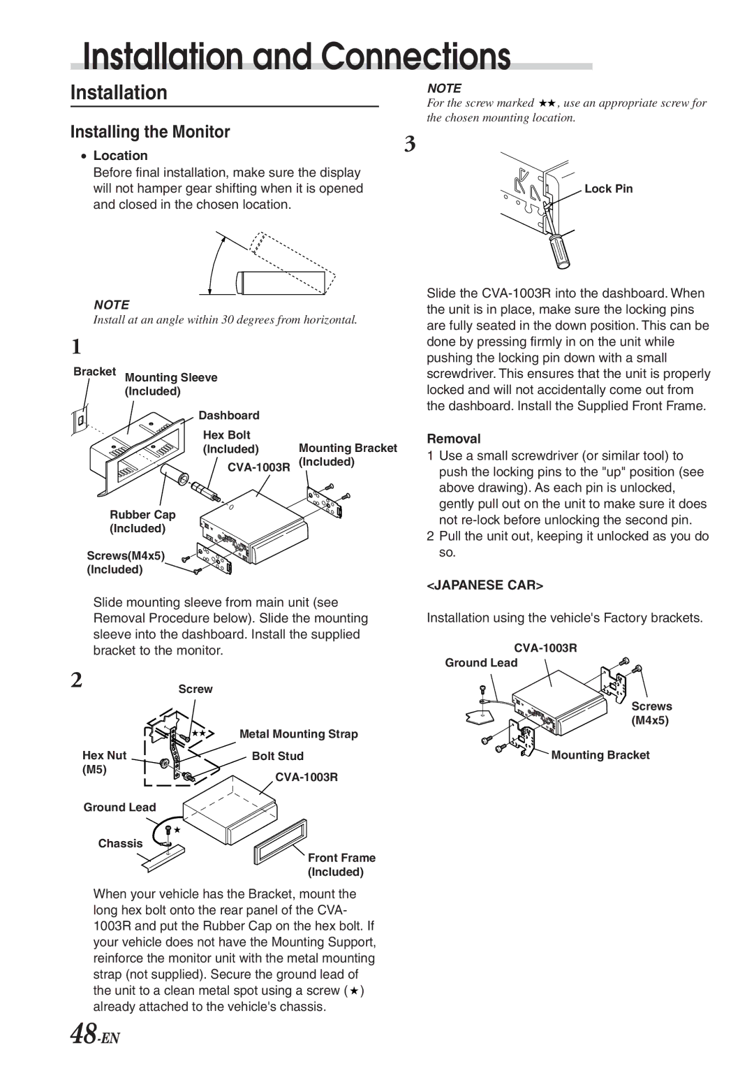 Alpine CVA-1003R owner manual Location, Removal, Installation using the vehicles Factory brackets 