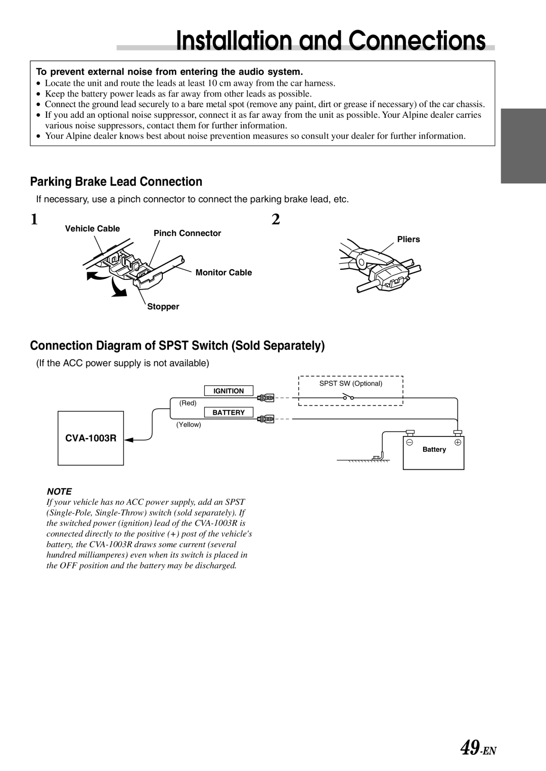 Alpine CVA-1003R To prevent external noise from entering the audio system, If the ACC power supply is not available 