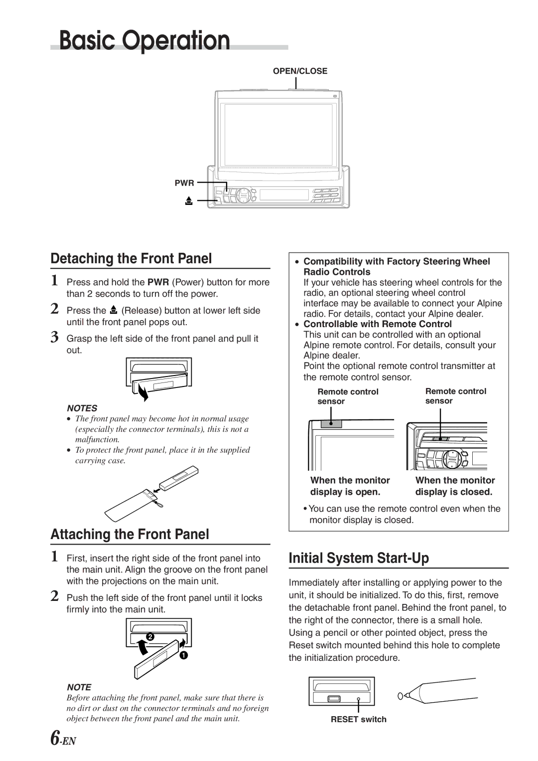 Alpine CVA-1003R Basic Operation, Detaching the Front Panel, Attaching the Front Panel, Initial System Start-Up 