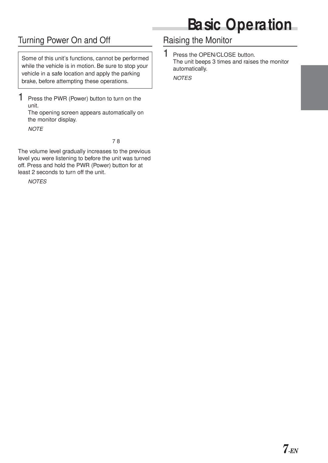 Alpine CVA-1003R owner manual Turning Power On and Off, Raising the Monitor 