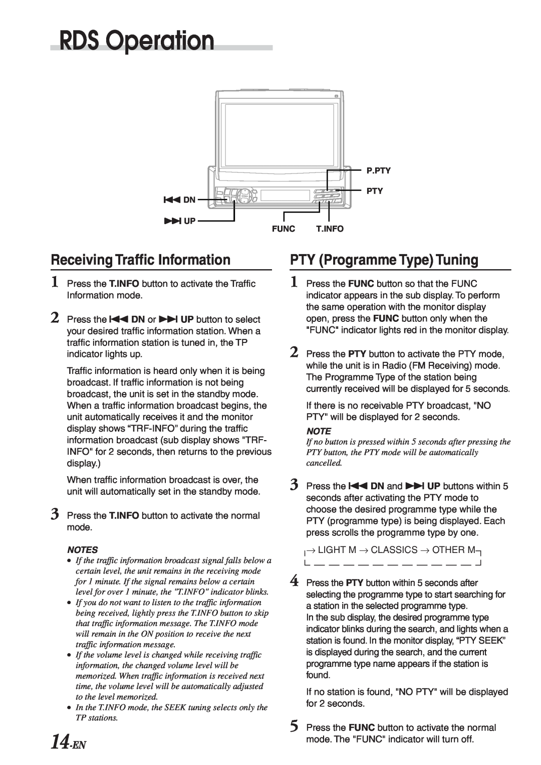 Alpine CVA-1003R owner manual Receiving Traffic Information, PTY Programme Type Tuning, 14-EN, RDS Operation 